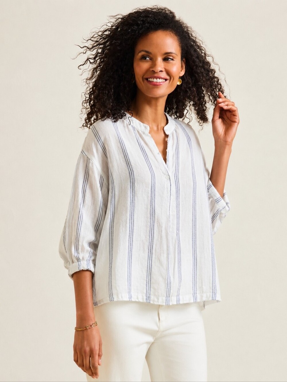 CP SHADES White Blue Striped Relaxed Linen Blouse